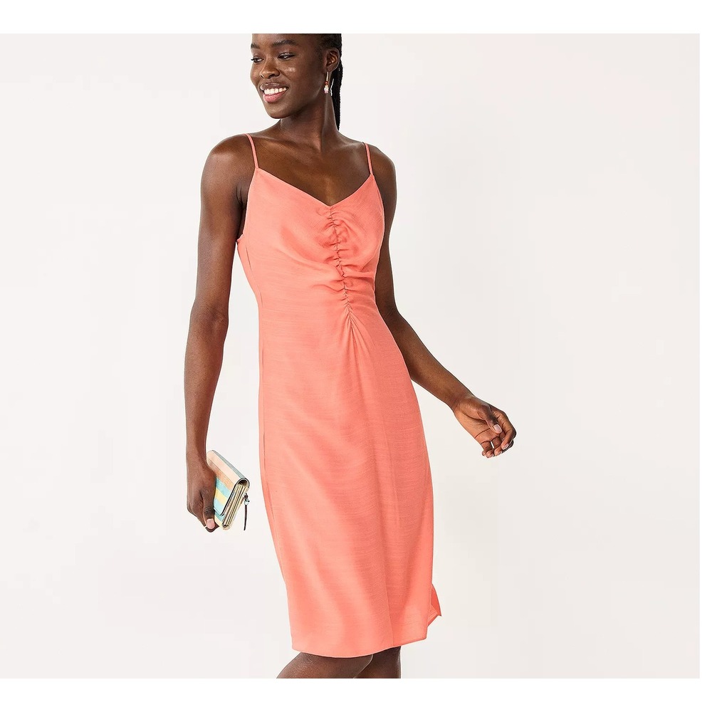 Nine West Womens Coral Pink Ruched V-Neck Midi Dress Size L Adjustable Straps